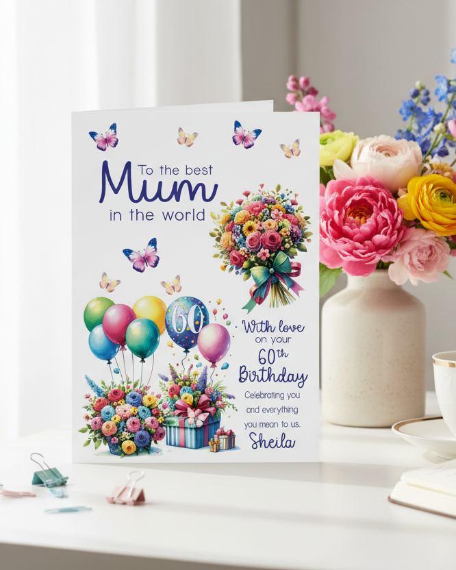Mum Birthday Card, Floral Bright Personalised Birthday Card for Mom (approx 8x6 inches, inc envelope) - Oliver Rose Designs [AI generated styled Image]