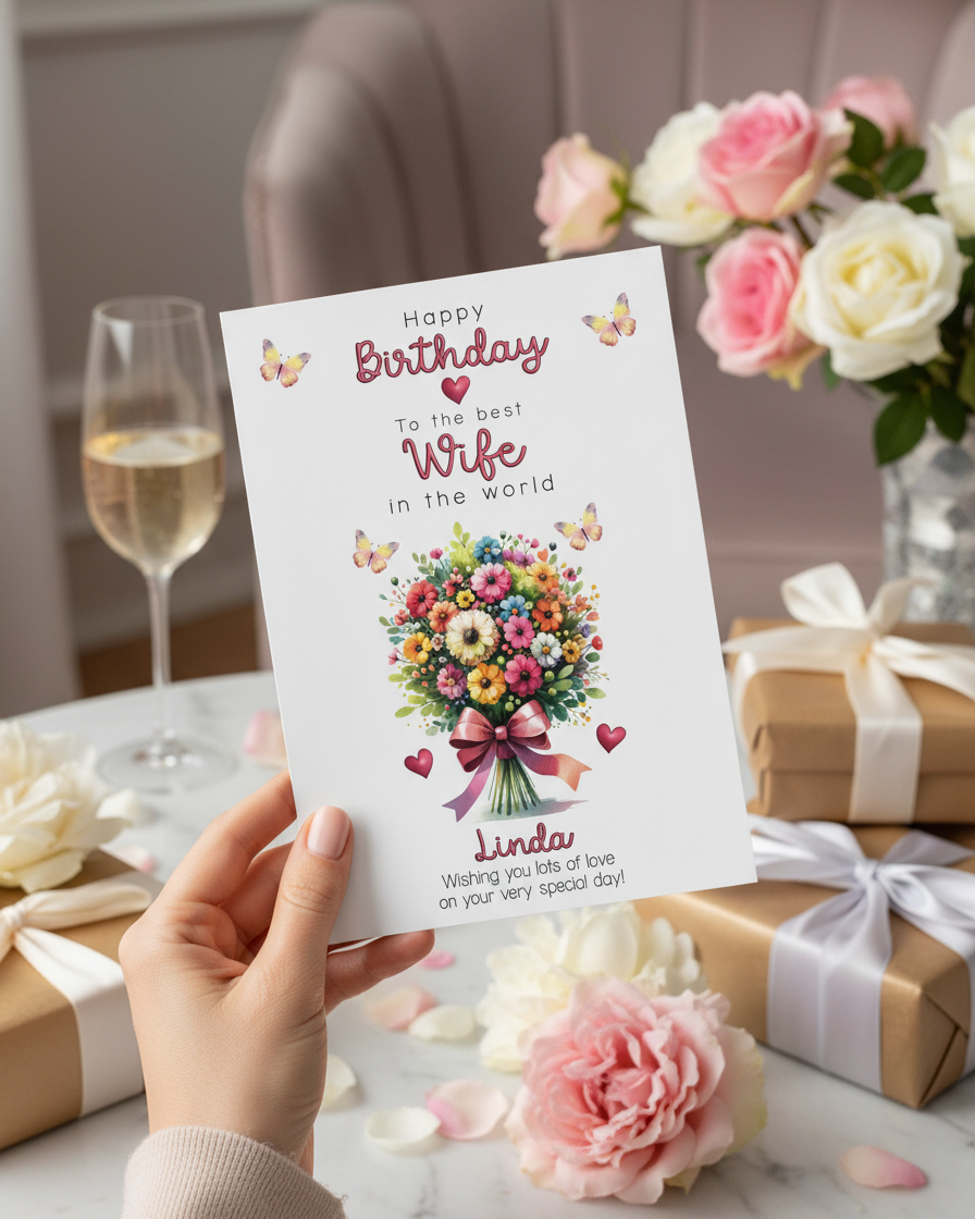 lifestyle image of a hand holding a Wife Birthday Card with a birthday themed background - AI Assisted Image