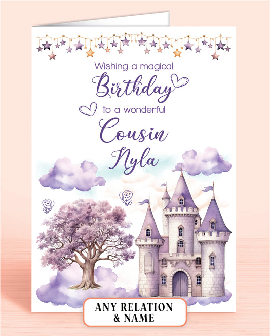 Cousin Birthday Card, Personalised Birthday Card for Girls, Purple Princess Castle, Any Relation, add a Name to Personalise! | Oliver Rose Designs