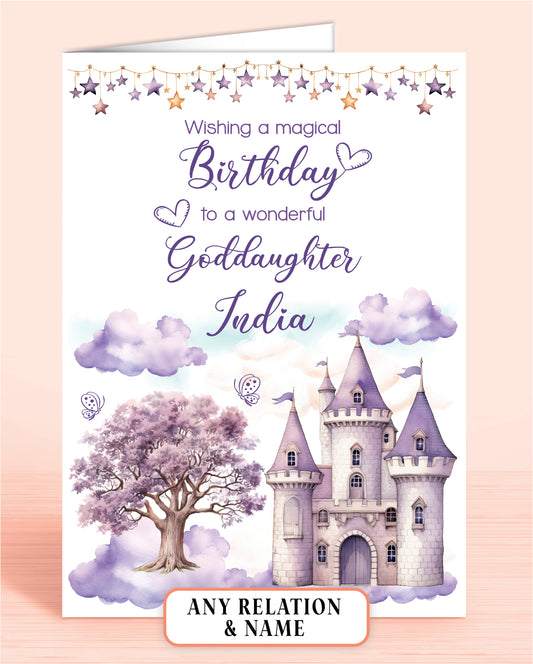 Goddaughter Birthday Card, Personalised Birthday Card for Girls, Purple Princess Castle, Any Relation, add a Name to Personalise! | Oliver Rose Designs