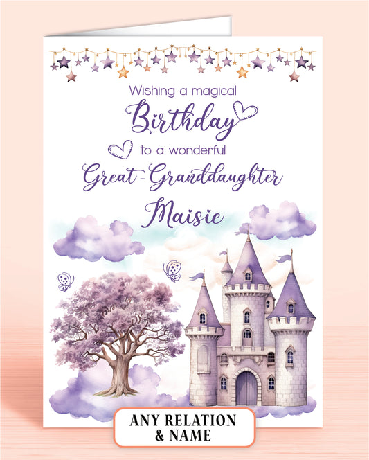 Great-Granddaughter Birthday Card, Personalised Birthday Card for Girls, Purple Princess Castle, Any Relation, add a Name to Personalise! | Oliver Rose Designs