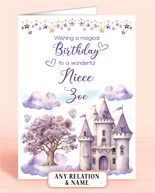 Niece Birthday Card, Personalised Birthday Card for Girls, Purple Princess Castle, Any Relation, add a Name to Personalise! | Oliver Rose Designs
