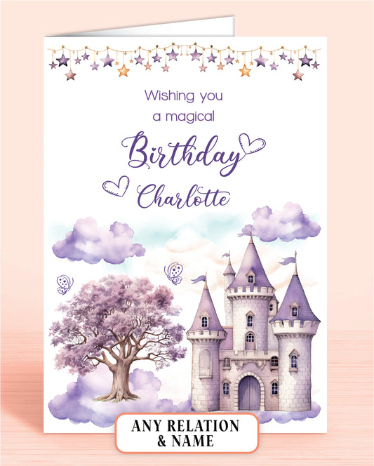 Personalised Birthday Card for Girls, Purple Princess Castle, Any Relation, add a Name to Personalise! | Oliver Rose Designs