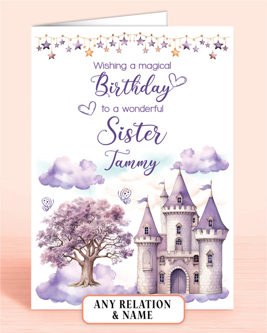 Sister Birthday Card, Personalised Birthday Card for Girls, Purple Princess Castle, Any Relation, add a Name to Personalise! | Oliver Rose Designs