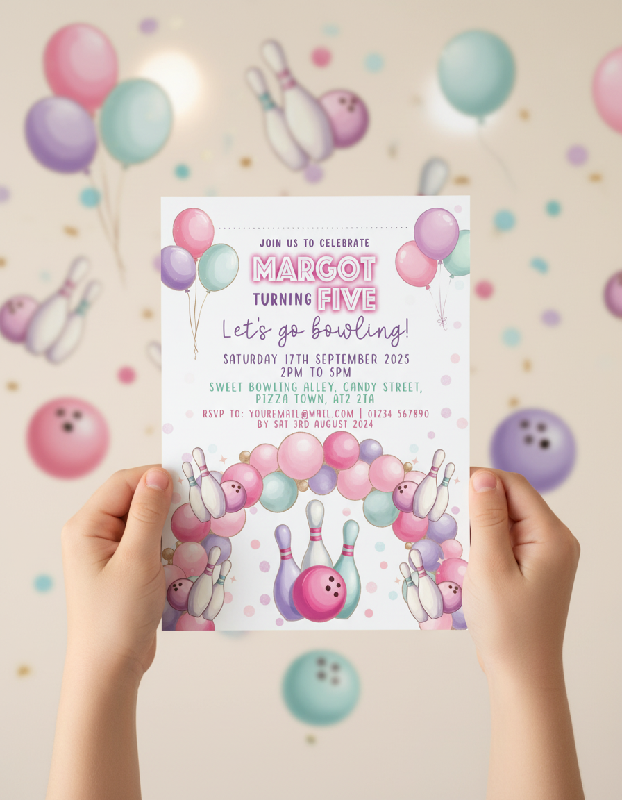 Child holding Tenpin Bowling birthday party invitation for bowling themed birthday party with styled background for illustration purposes only.