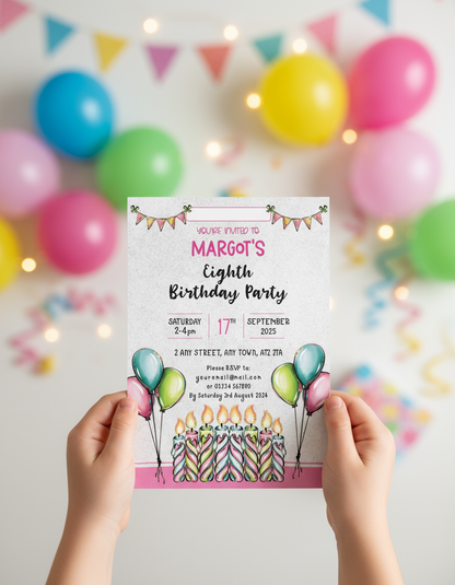 Child holding Candles birthday party invitation for birthday party with styled background for illustration purposes only.
