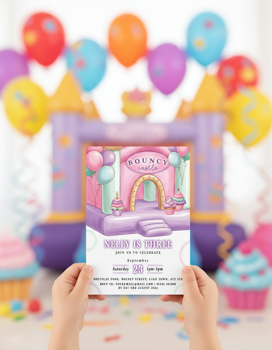 Child holding Bouncy Castle birthday party invitation for softplay themed birthday party with styled background for illustration purposes only.