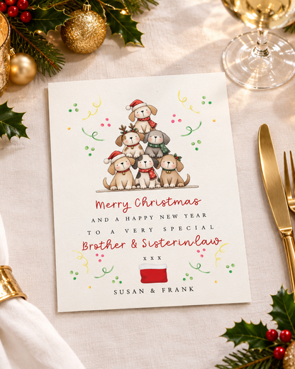 Sister & Brother-in-law Dog Lover Christmas card sitting on a festive table [this image example was created using AI]