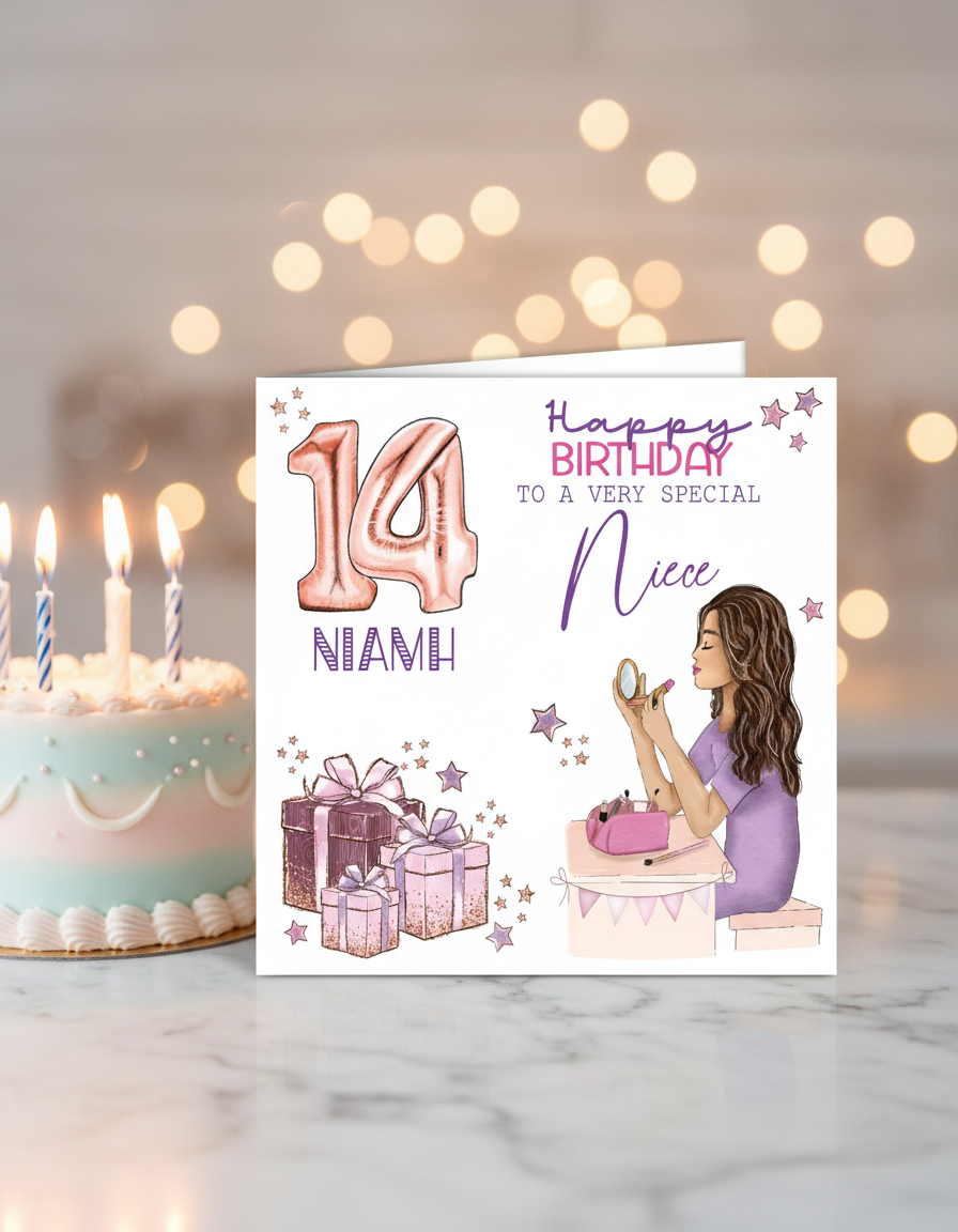 Close up lifestyle image with cake of Makeup Themed Birthday Card 6x6 inches | Oliver Rose Designs