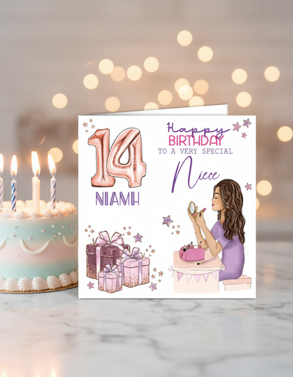 Close up lifestyle image with cake of Makeup Themed Birthday Card 6x6 inches | Oliver Rose Designs