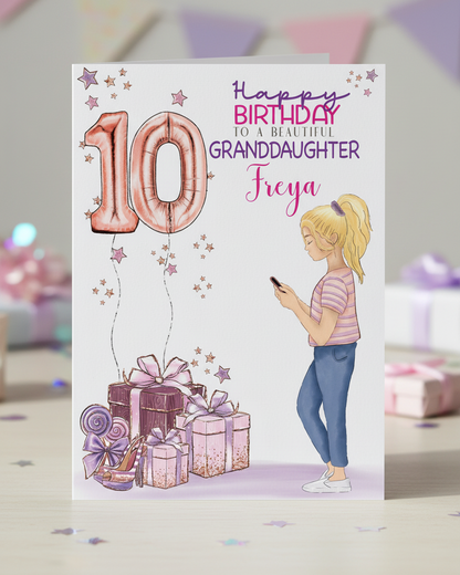 Close-up lifestyle image of Girl on Phone 10th Birthday Card, Granddaughter | Oliver Rose Designs