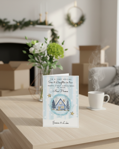 Coffee Table lifestyle image of Son & Daughter-in-law happy first christmas in your new home card, personalised with names if required.