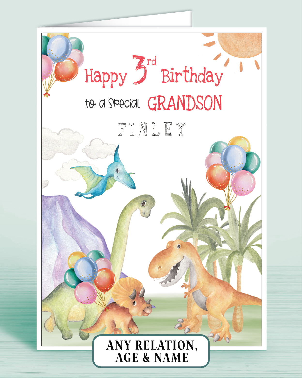 Grandson 3rd Birthday Card, Dinosaur Theme, any age, any relation, Personalised with name of your choice | Oliver Rose Designs