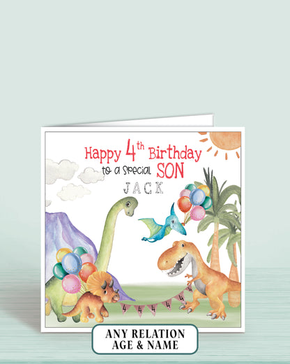 Dinosaur Birthday Card for SON, age 4th (or any age, any relation, any name) | Oliver Rose Designs