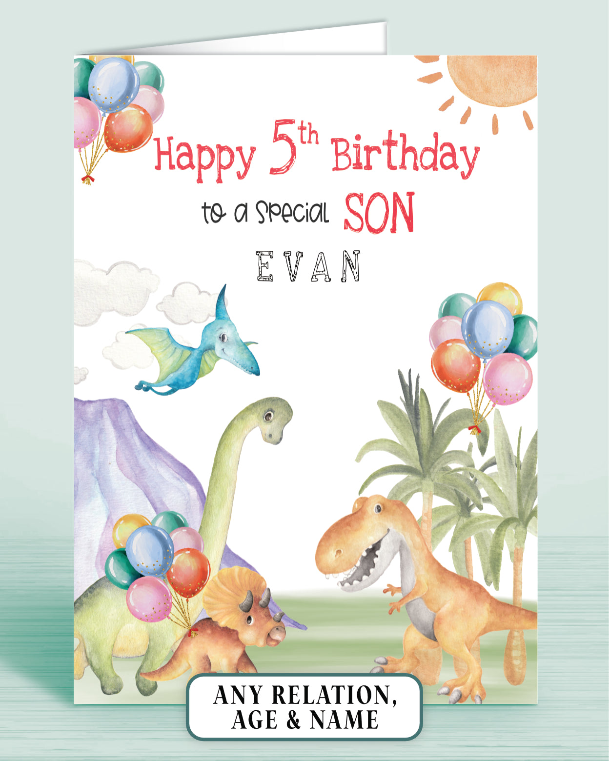 Son Birthday Card, 5th Birthday Card in Dinosaur Theme, any age, any relation, Personalised with name of your choice | Oliver Rose Designs