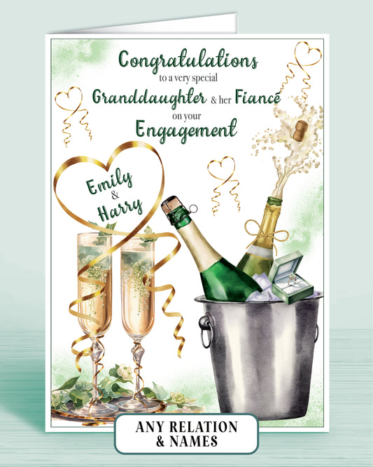 Granddaughter Engagement Card, Pretty Green, Congratulations to a very special Daughter and her Fiance on your Engagement, Personalised | Oliver Rose Designs