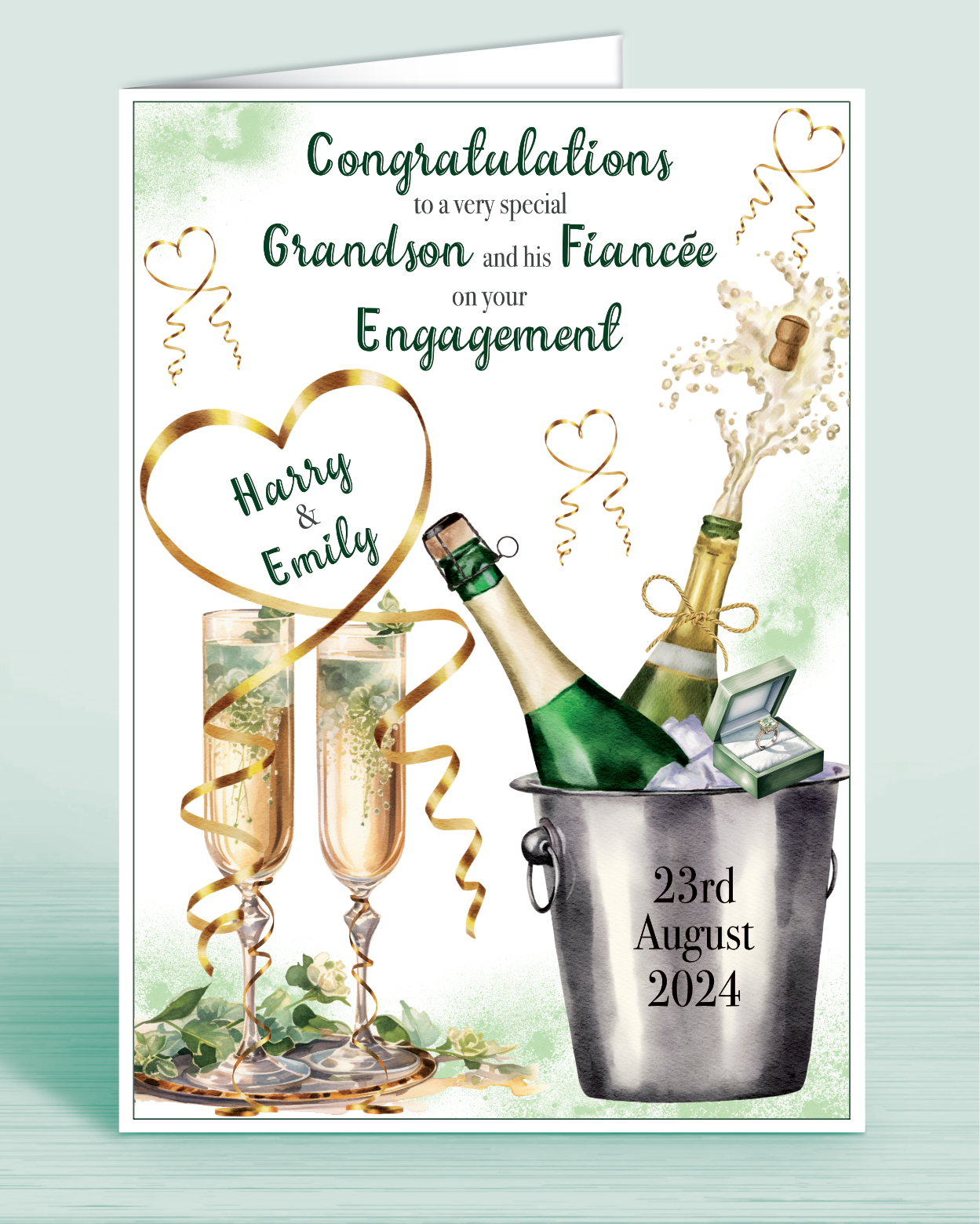 Pretty Green Engagement Card, Congratulations to a very special Grandson and his Fiancee on your Engagement, Personalised with Engagement date example | OLIVER ROSE DESIGNS