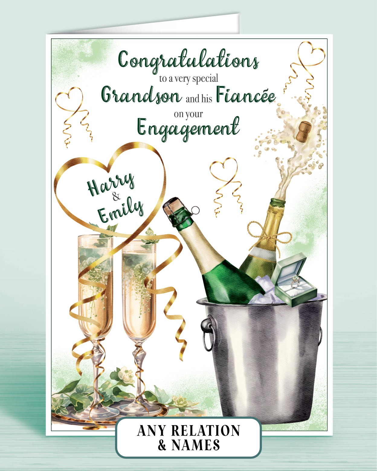 Pretty Green Engagement Card, Congratulations to a very special Grandson and his Fiancee on your Engagement, Personalised | OLIVER ROSE DESIGNS