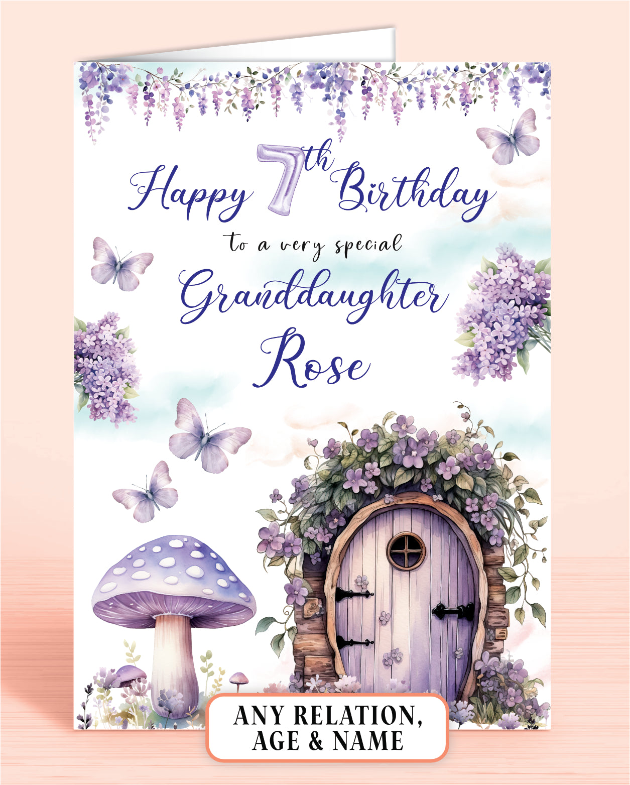 Granddaughter Birthday Card, 7th Birthday Card, for Granddaughter, Purple Fairies, Fairy Door. Any Age, Any Relation, add a Name to Personalise! by Oliver Rose Designs