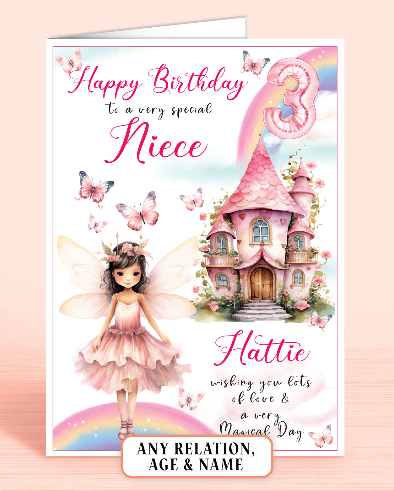 Niece Birthday Card, 3rd Birthday Card for Niece, Fairy House, Fairy Door, Personalised with Name. Any Age and Relation BROWN HAIR | Oliver Rose Designs