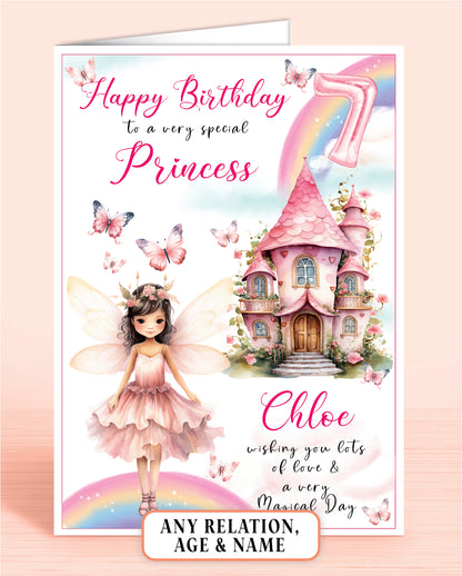Girls Birthday Card, 7th Birthday Card for Girls, Fairy House, Fairy Door, Personalised with Name. Any Age and Relation BROWN HAIR | Oliver Rose Designs