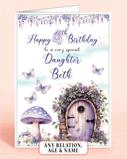 Daughter Birthday Card, Girls 4th Birthday Card for Daughter, Purple Fairy Door Toad Stool, Any Age, Any Relation, add a Name to Personalise! | Oliver Rose Designs