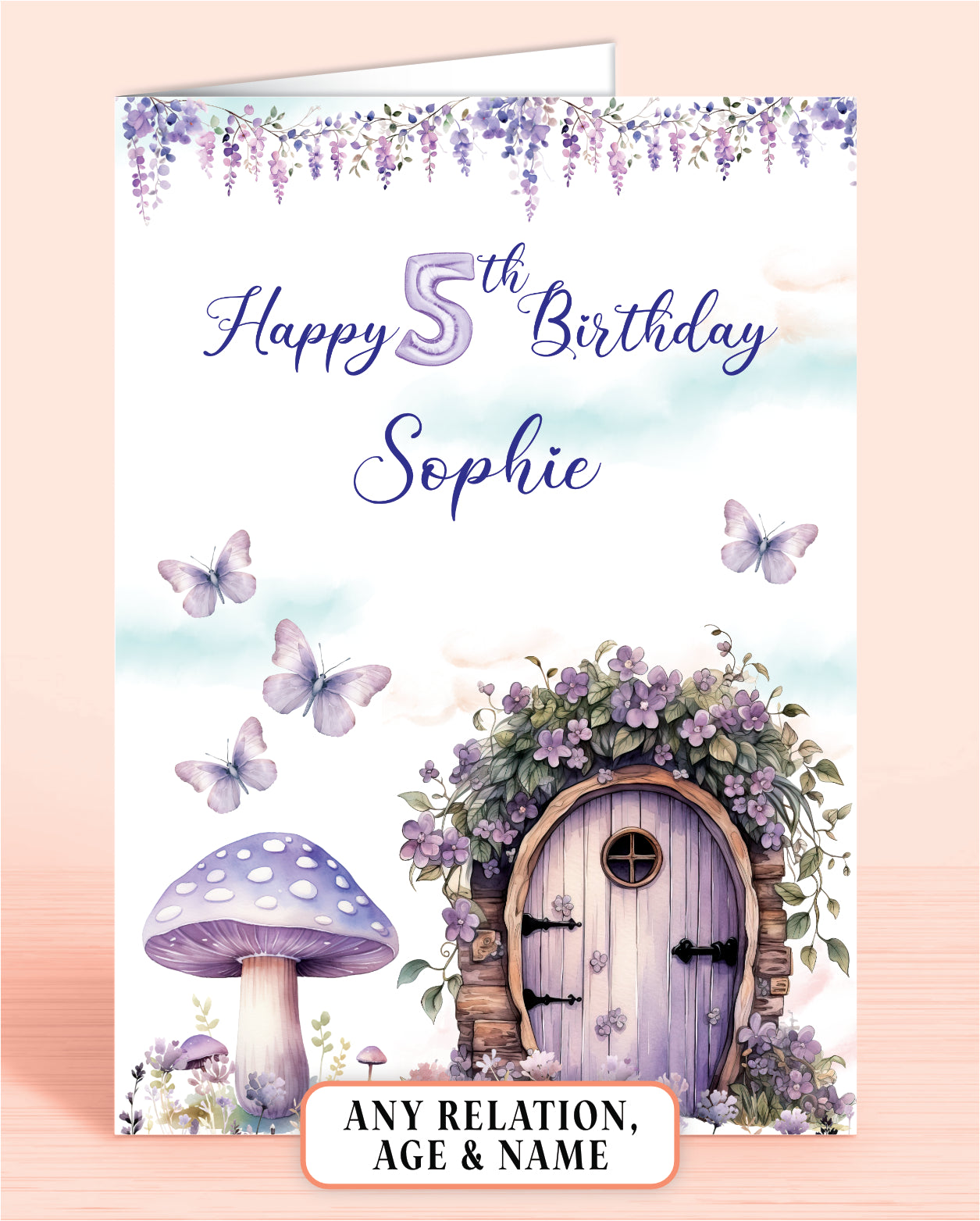 Girls Birthday Card, 5th Birthday Card, for  Girls Purple Fairies, Fairy Door. Any Age, Any Relation, add a Name to Personalise! by Oliver Rose Designs