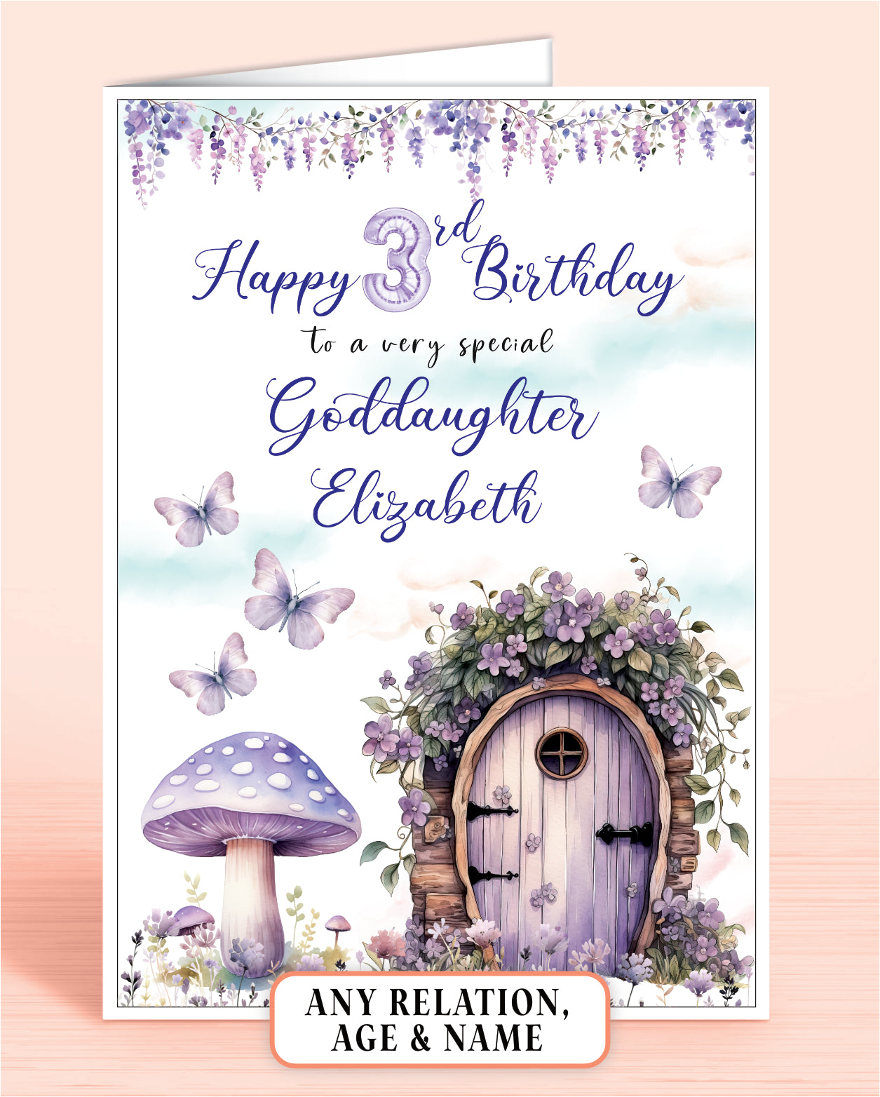 Goddaughter Birthday Card, Girls 3rd Birthday Card for Goddaughter, Purple Fairy Door Toad Stool, Any Age, Any Relation, add a Name to Personalise! | Oliver Rose Designs