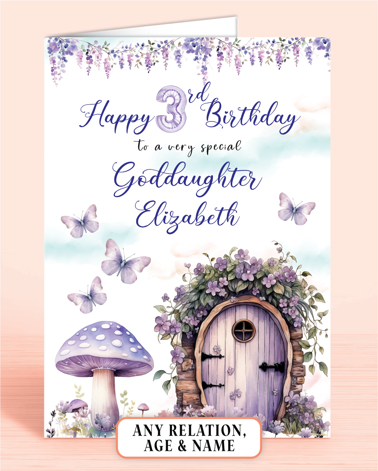 Goddaughter Birthday Card, 3rd Birthday Card, for Goddaughter, Purple Fairies, Fairy Door. Any Age, Any Relation, add a Name to Personalise! by Oliver Rose Designs