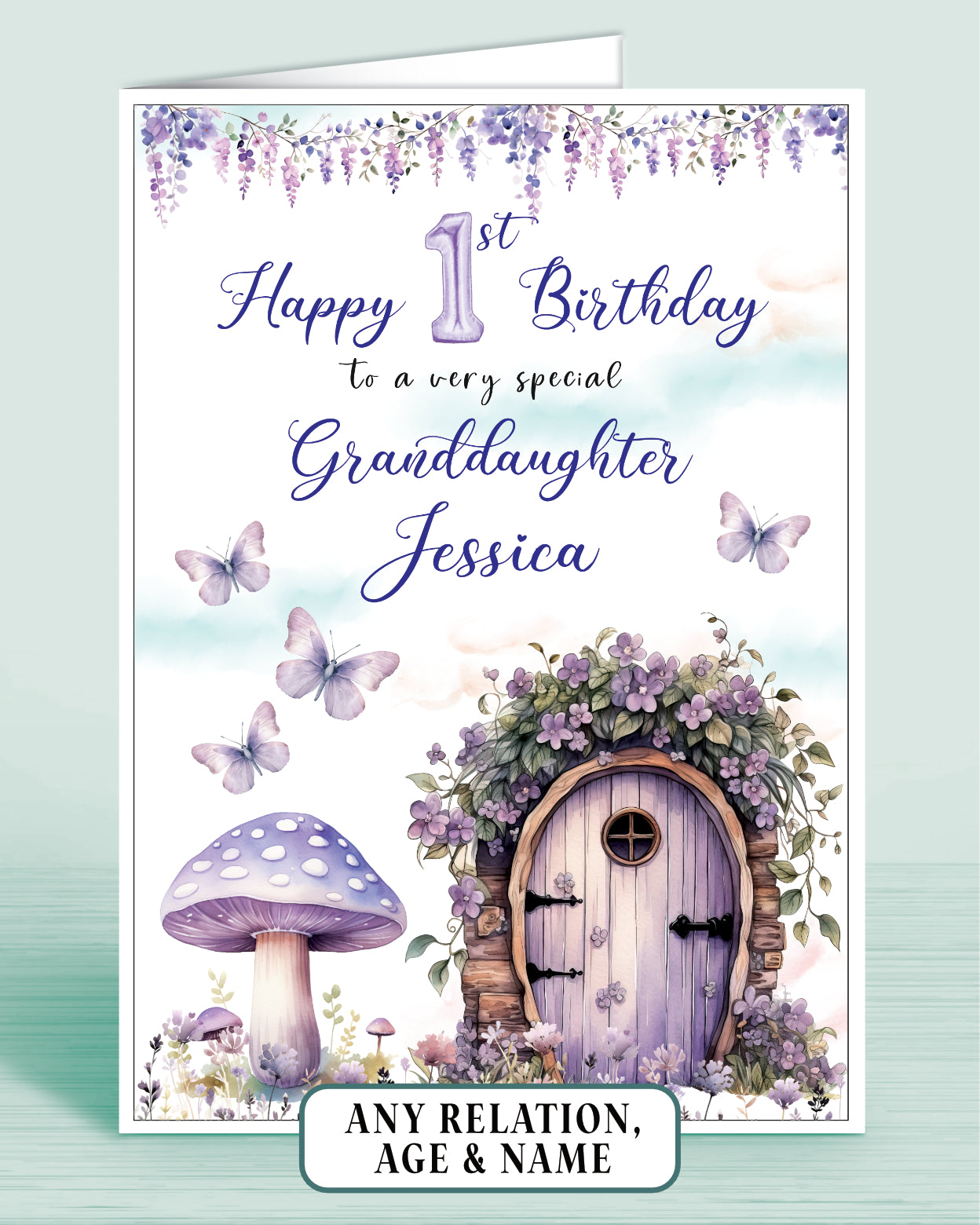 Granddaughter Birthday Card, Girls 1st Birthday Card for Granddaughter, Purple Fairy Door Toad Stool, Any Age, Any Relation, add a Name to Personalise! | Oliver Rose Designs