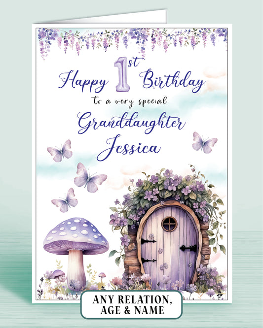 Granddaughter Birthday Card, Girls 1st Birthday Card for Granddaughter, Purple Fairy Door Toad Stool, Any Age, Any Relation, add a Name to Personalise! | Oliver Rose Designs