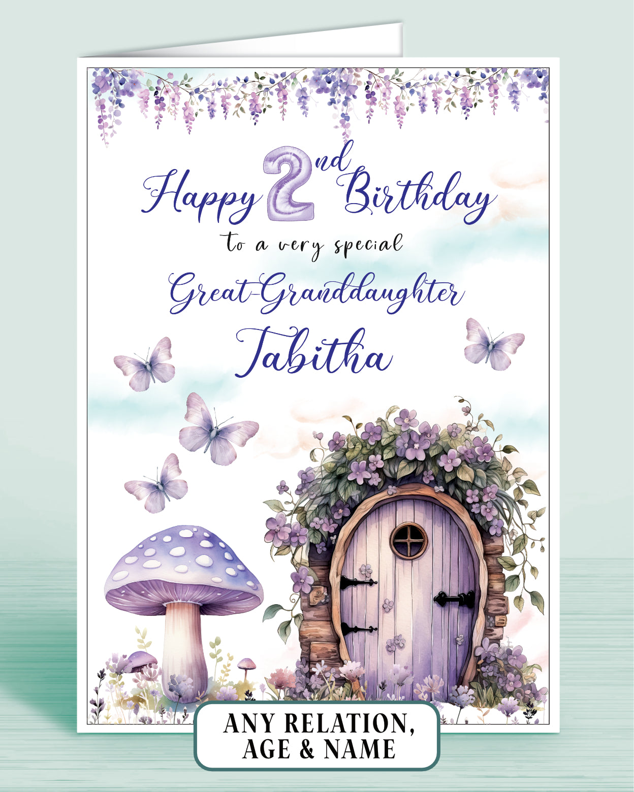 Great-Granddaughter Birthday Card, Girls 2nd Birthday Card for Great-Granddaughter, Purple Fairy Door Toad Stool, Any Age, Any Relation, add a Name to Personalise! | Oliver Rose Designs