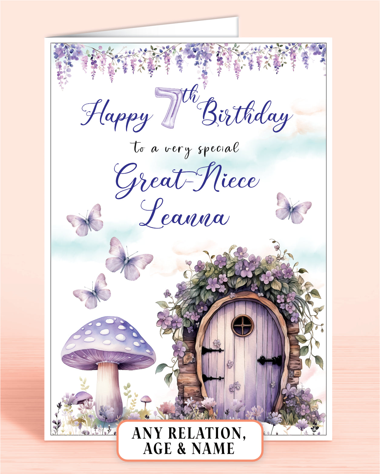 Great-Niece Birthday Card, Girls 7th Birthday Card for Great-Niece, Purple Fairy Door Toad Stool, Any Age, Any Relation, add a Name to Personalise! | Oliver Rose Designs