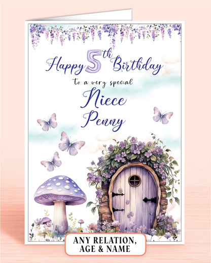 Niece Birthday Card, Girls 5th Birthday Card for Niece, Purple Fairy Door Toad Stool, Any Age, Any Relation, add a Name to Personalise! | Oliver Rose Designs