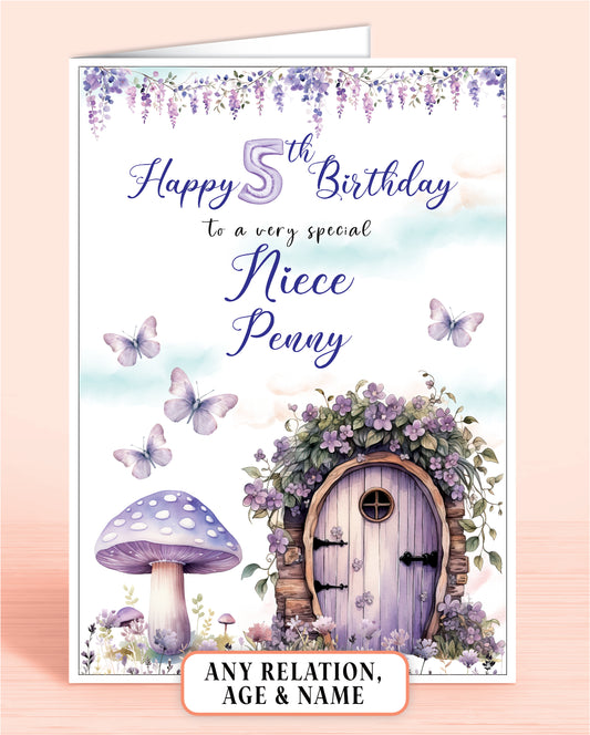 Niece Birthday Card, Girls 5th Birthday Card for Niece, Purple Fairy Door Toad Stool, Any Age, Any Relation, add a Name to Personalise! | Oliver Rose Designs