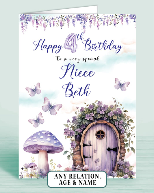 Niece Birthday Card, 4th Birthday Card, for Niece Purple Fairies, Fairy Door. Any Age, Any Relation, add a Name to Personalise! by Oliver Rose Designs