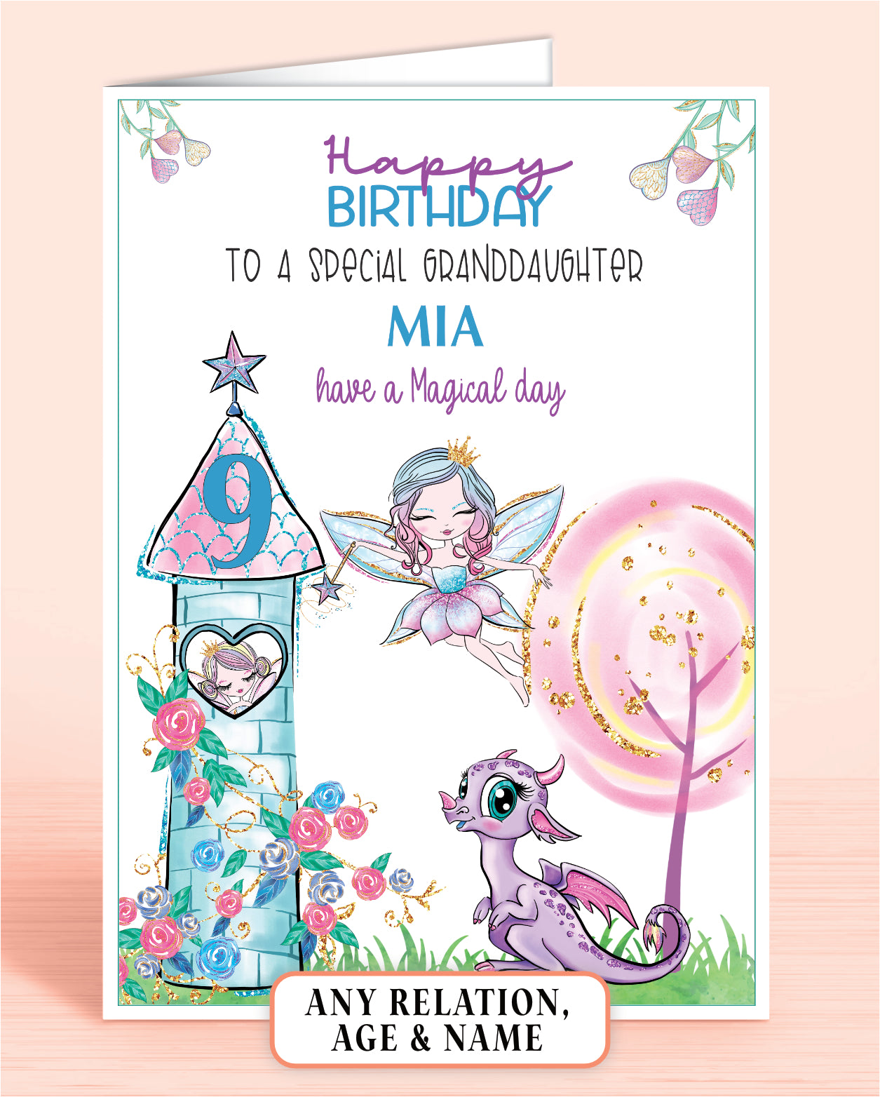 Granddaughter Birthday Card, 9rd Birthday Card, for Granddaughter, Fairies Design, Fairy Dragon. Any Age, Any Relation, add a Name to Personalise! by Oliver Rose Designs