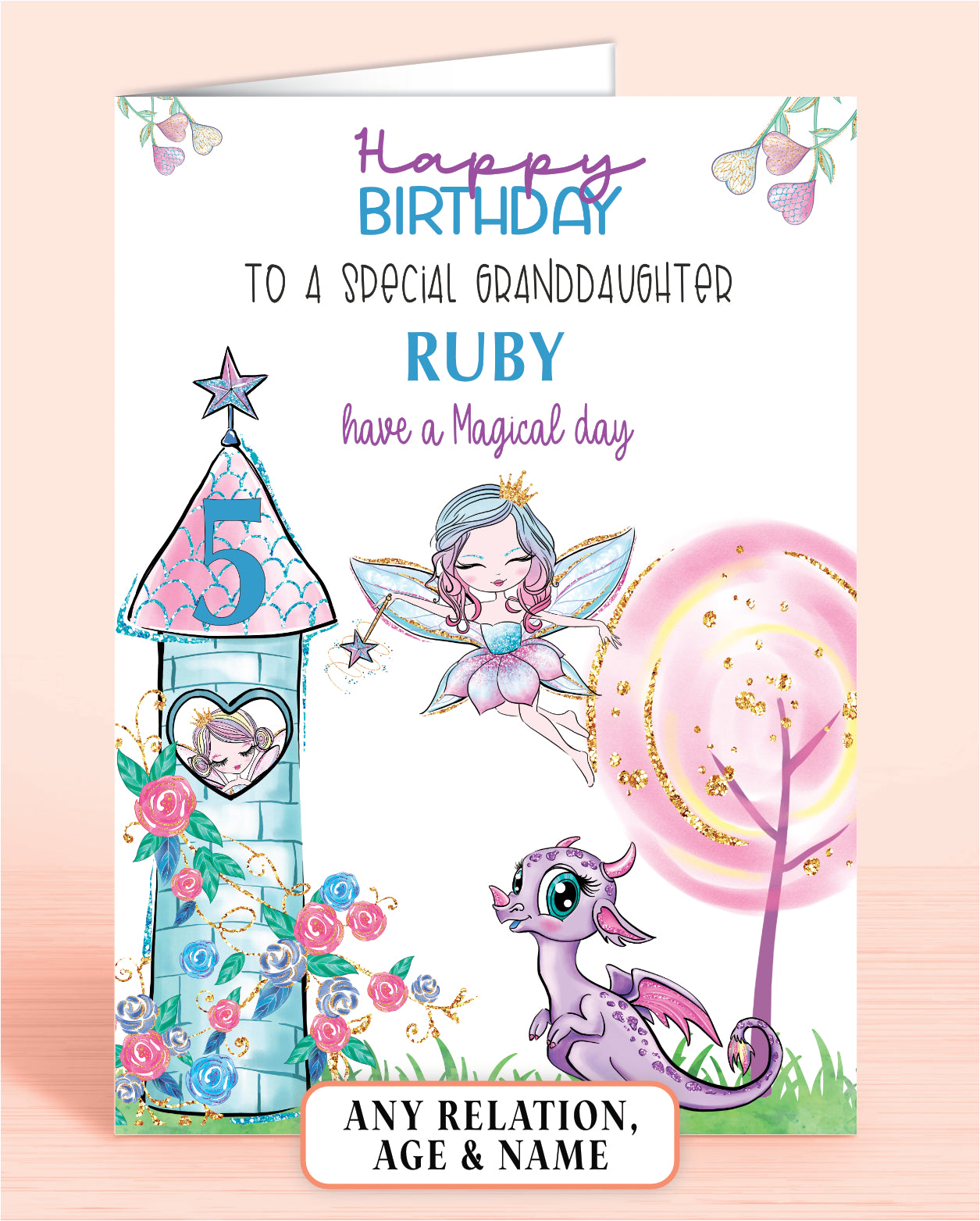 Granddaughter Birthday Card, 3rd Birthday Card, for Granddaughter, Fairies Design, Fairy Dragon. Any Age, Any Relation, add a Name to Personalise! by Oliver Rose Designs