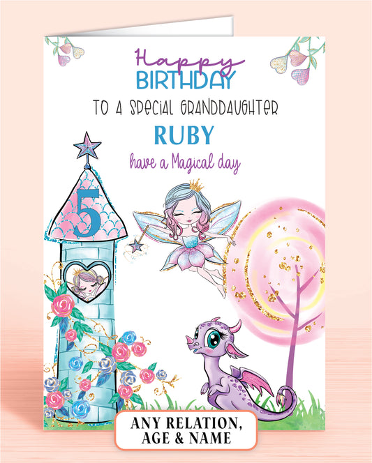 Granddaughter Birthday Card, 3rd Birthday Card, for Granddaughter, Fairies Design, Fairy Dragon. Any Age, Any Relation, add a Name to Personalise! by Oliver Rose Designs