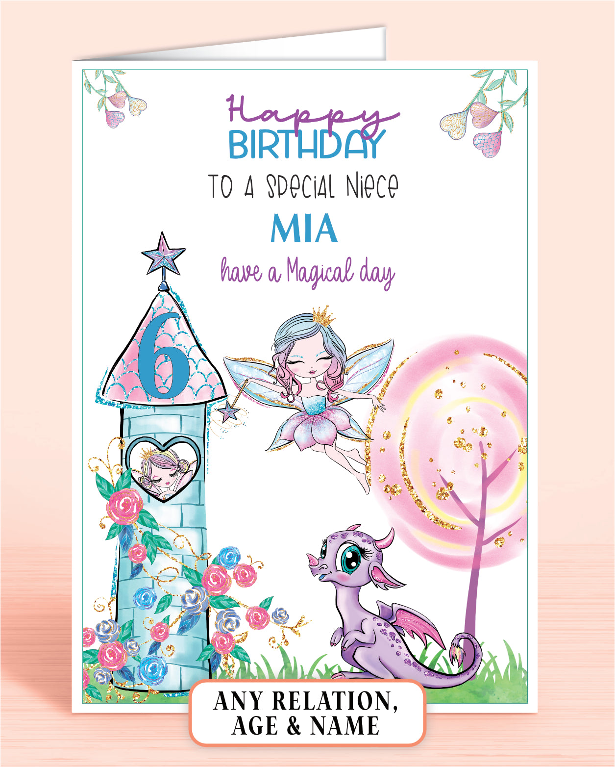 Niece Birthday Card, 6th Birthday Card, for Granddaughter, Fairies Design, Fairy Dragon. Any Age, Any Relation, add a Name to Personalise! by Oliver Rose Designs