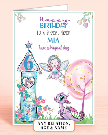 Niece Birthday Card, 6th Birthday Card, for Granddaughter, Fairies Design, Fairy Dragon. Any Age, Any Relation, add a Name to Personalise! by Oliver Rose Designs