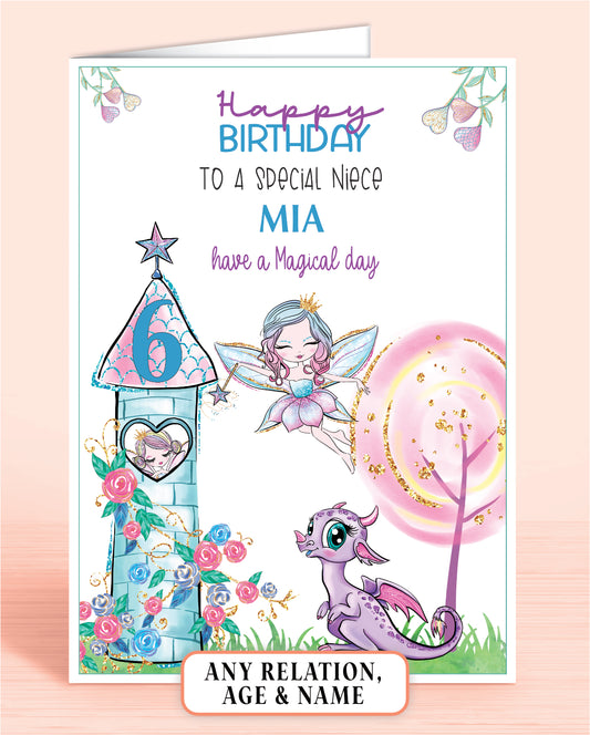 Niece Birthday Card, 6th Birthday Card, for Granddaughter, Fairies Design, Fairy Dragon. Any Age, Any Relation, add a Name to Personalise! by Oliver Rose Designs