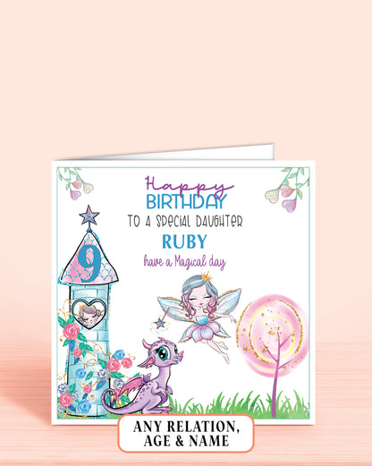 Daughter Birthday card, Girls 9th Birthday Card, Fairies, Dragons, Magical Tower, Whimsical, Any Age, Any Relation & Add a Name | Oliver Rose Designs