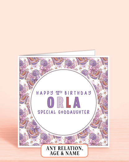 Goddaughter Birthday Card, 12th Birthday Card for Goddaughter, Custom Girls Personalised Birthday Card Purple Fashion Design, Any Age, Any Relation & Add a Name | Oliver Rose Designs