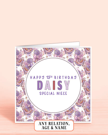 Niece Birthday Card, 13th Birthday Card for Niece, Custom Girls Personalised Birthday Card Purple Fashion Design, Any Age, Any Relation & Add a Name | Oliver Rose Designs