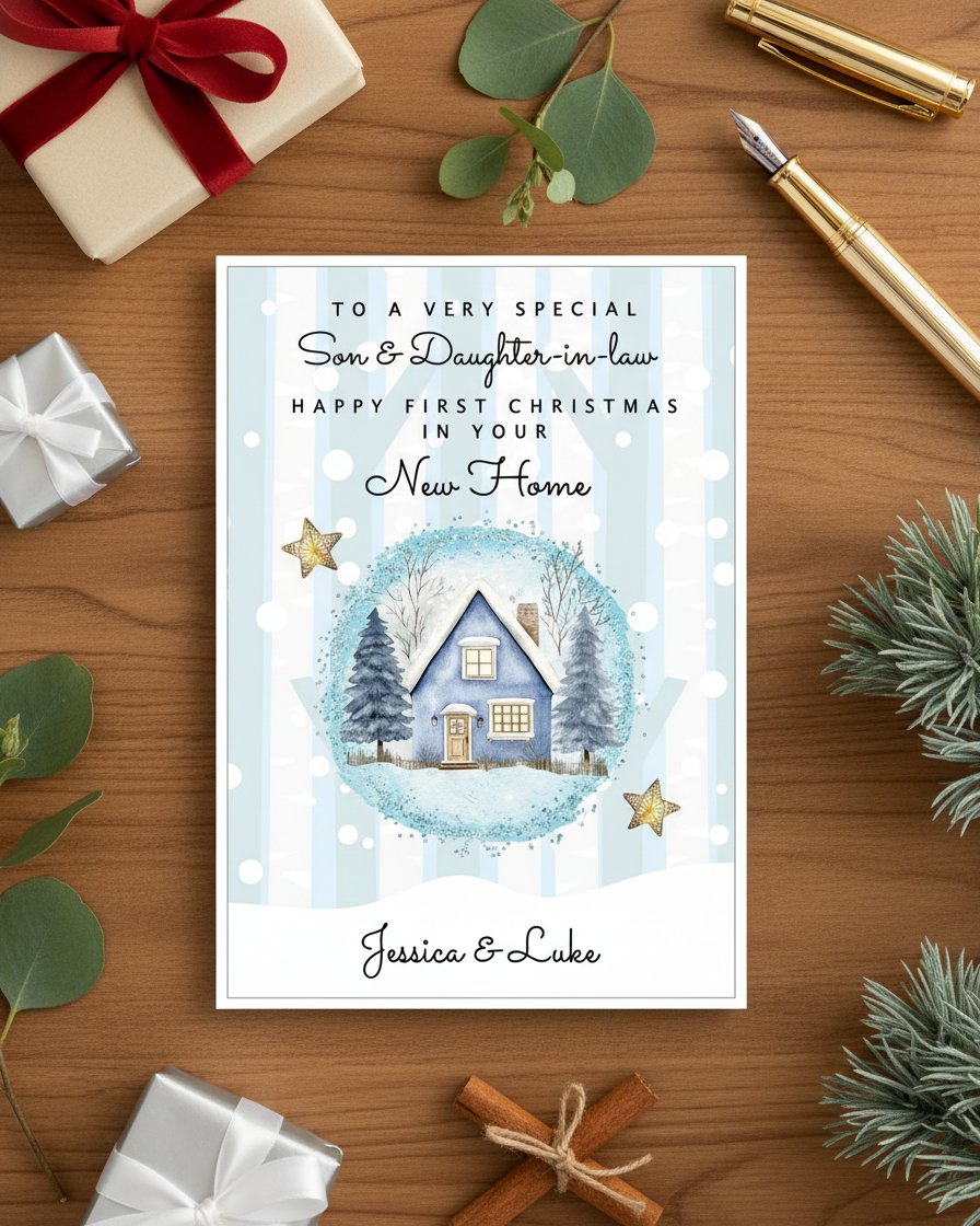 Festive Flat lay image of Son & Daughter-in-law happy first christmas in your new home card, personalised with names if required.