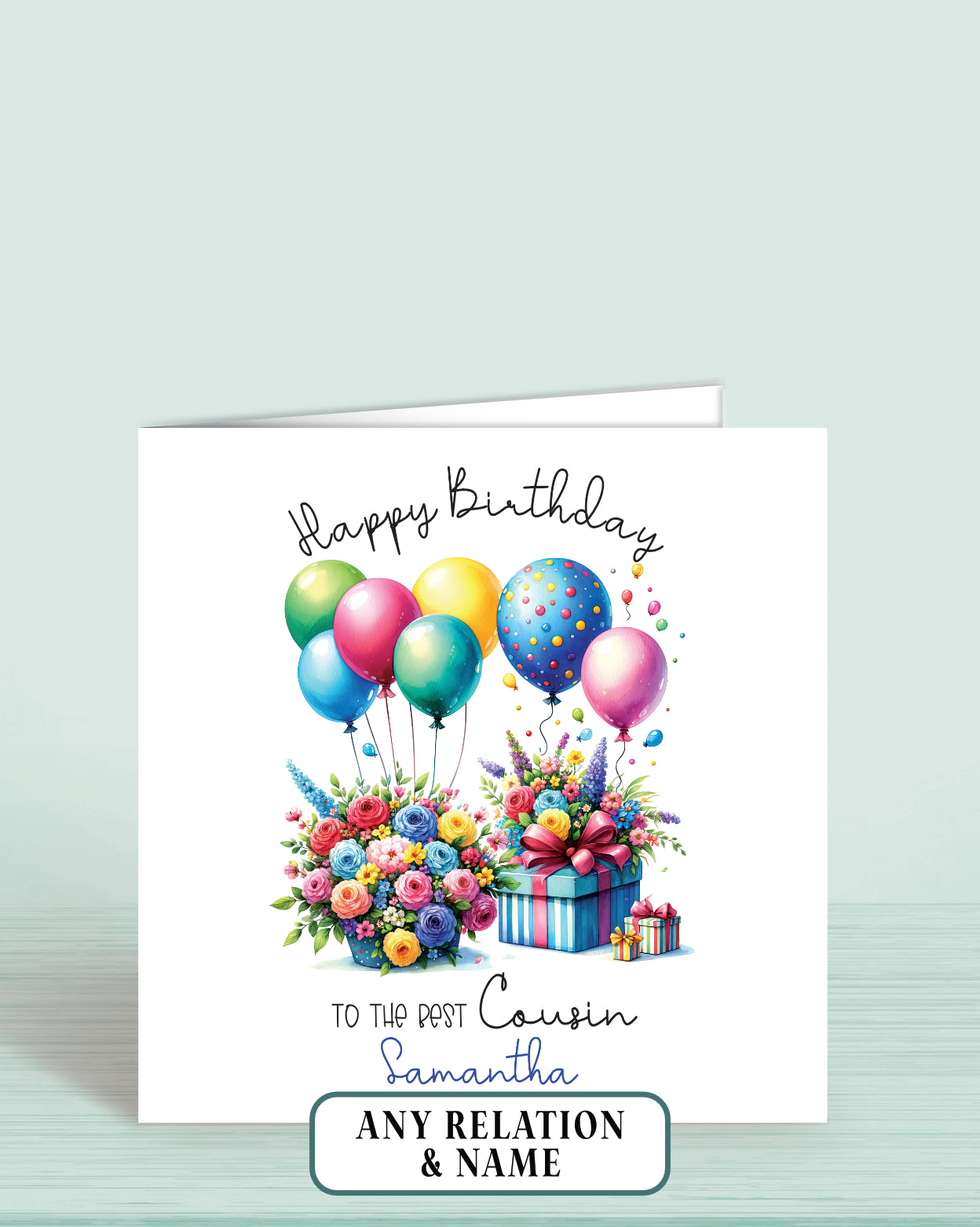 Cousin Birthday Card, Personalised Floral Multi-Coloured Balloon Birthday Card for Cousin (or any other Relation) To The Best Cousin | Oliver Rose Designs