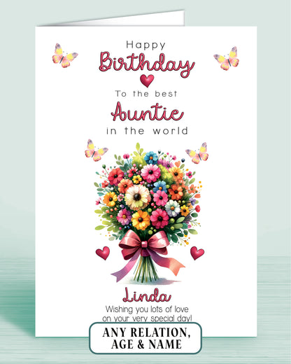 Auntie Birthday Card, Floral Bouquet Personalised Birthday Card for Aunt (approx 8x6 inches, inc envelope) - Oliver Rose Designs