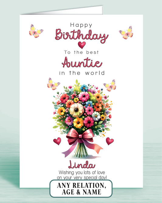 Auntie Birthday Card, Floral Bouquet Personalised Birthday Card for Aunt (approx 8x6 inches, inc envelope) - Oliver Rose Designs