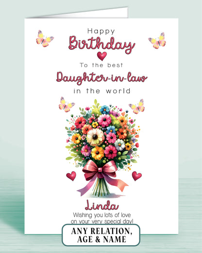 Daughter-in-law Birthday Card, Floral Bouquet Personalised Birthday Card for Daughter In Law (approx 8x6 inches, inc envelope) - Oliver Rose Designs